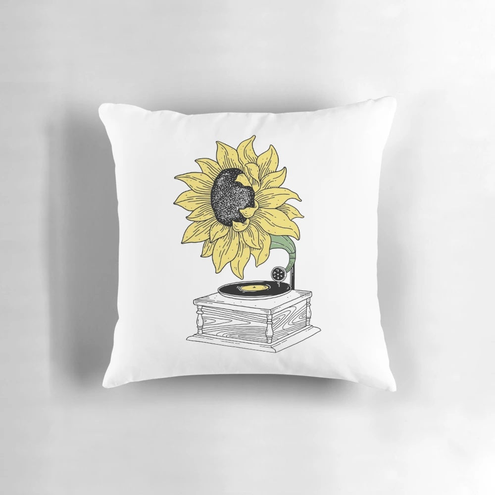 Sunflower-themed pillow with a vintage gramophone illustration, capturing the essence of summer