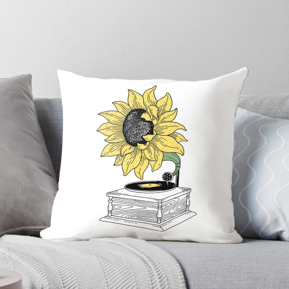 Sunflower-themed pillow with a vintage gramophone illustration, capturing the essence of summer