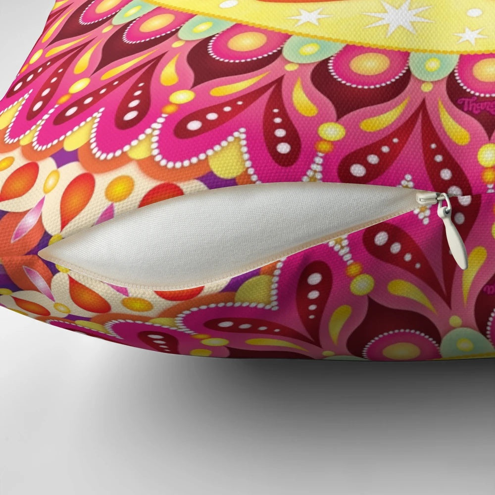 Colorful hand-lettered mandala art pillow with the text "Radiate Positivity