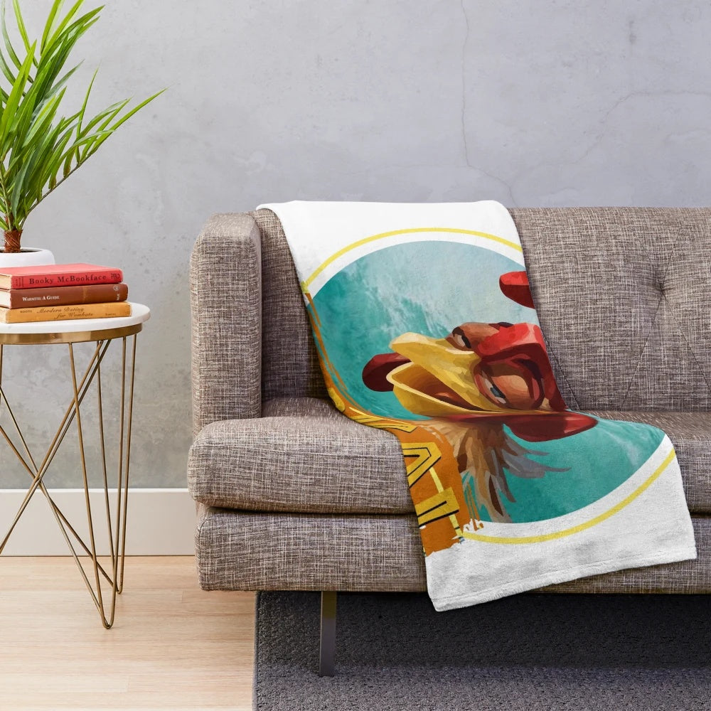 Chicken Joe surfing on a wave plush blanket