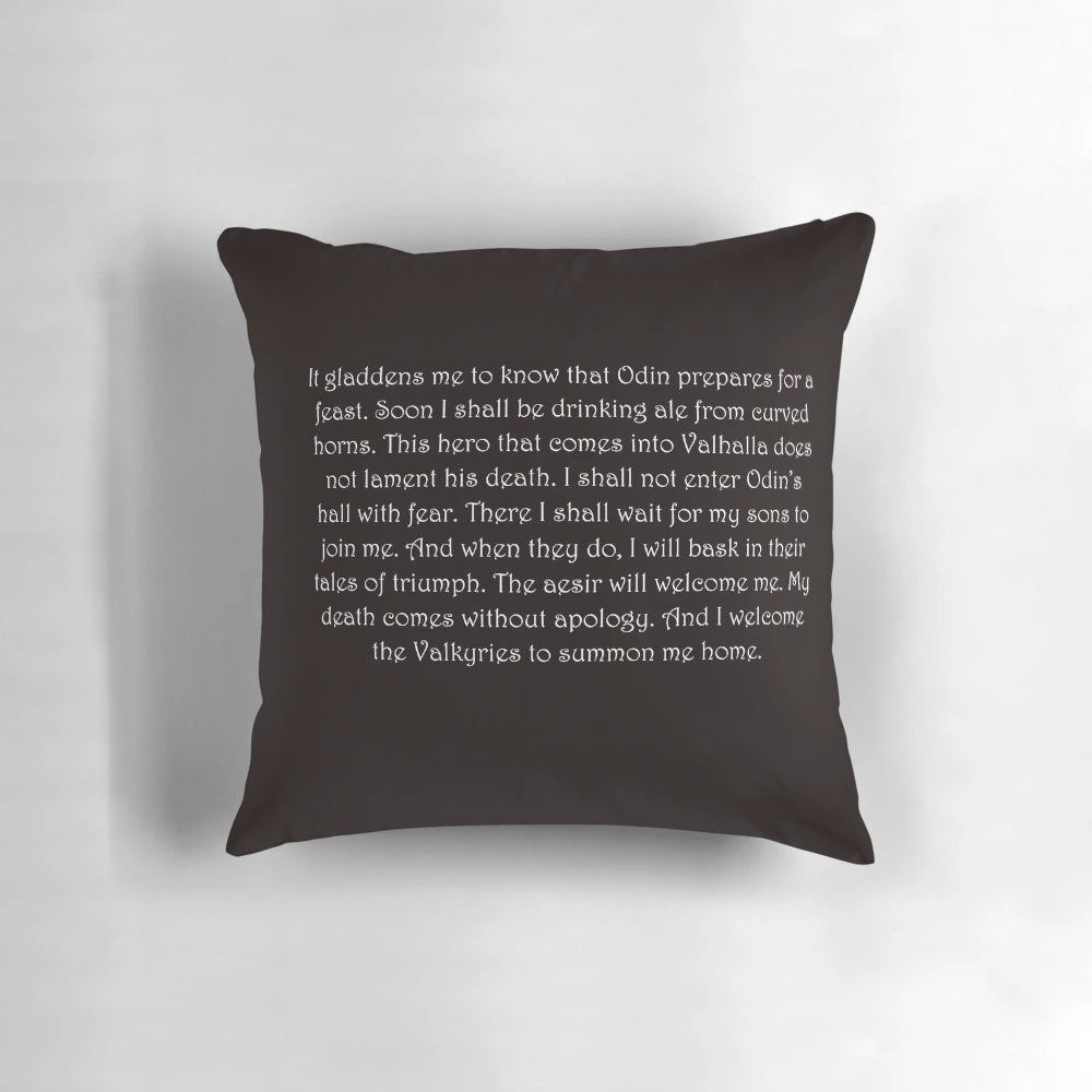 Ragnar Lothbrook's final speech printed on a black throw pillow
