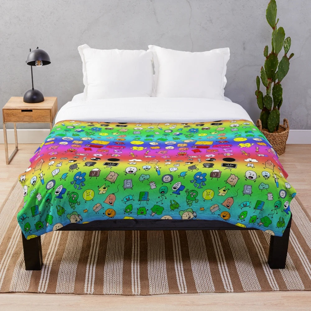 Colorful plush blanket featuring characters from the BFDI and BFB animation series