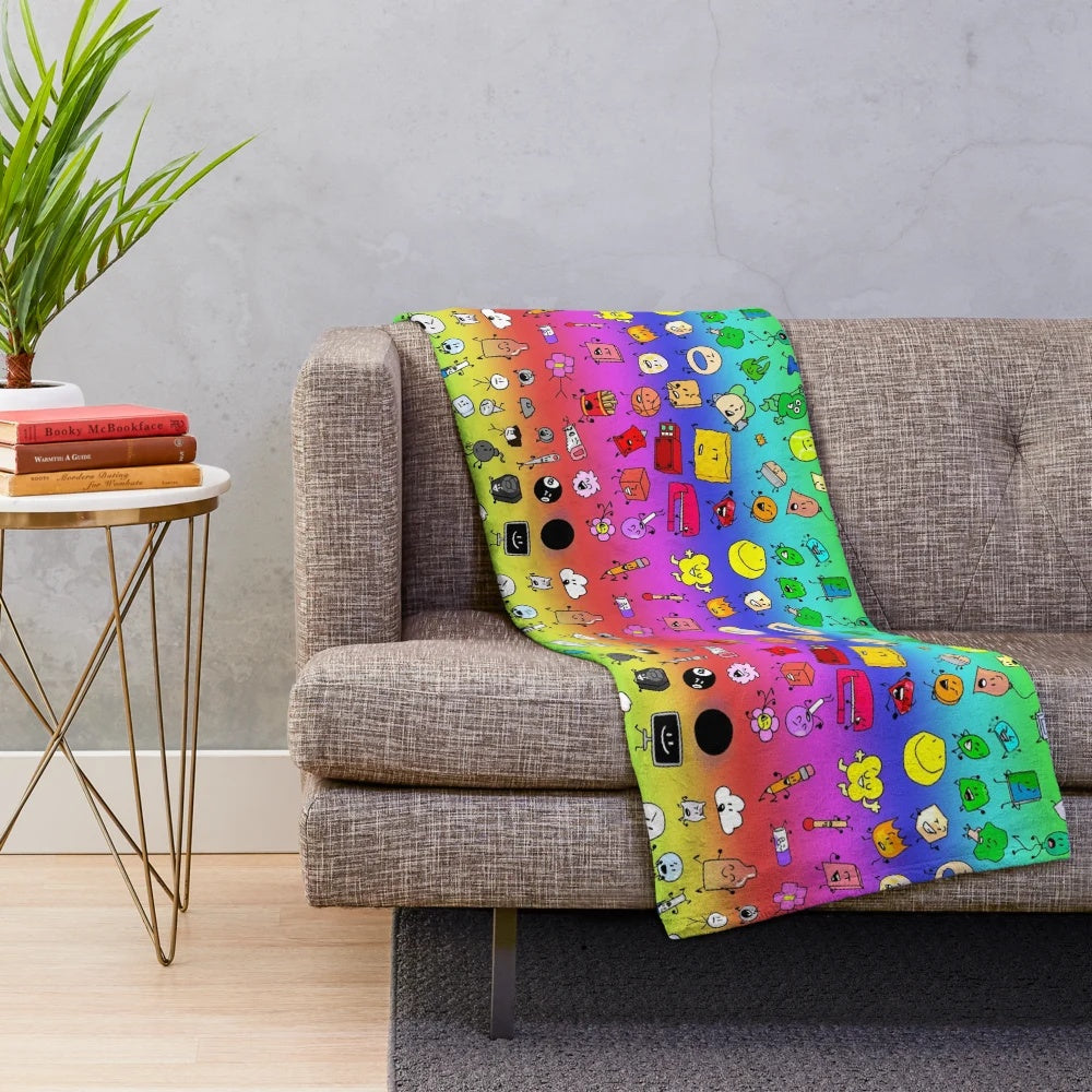 Colorful plush blanket featuring characters from the BFDI and BFB animation series