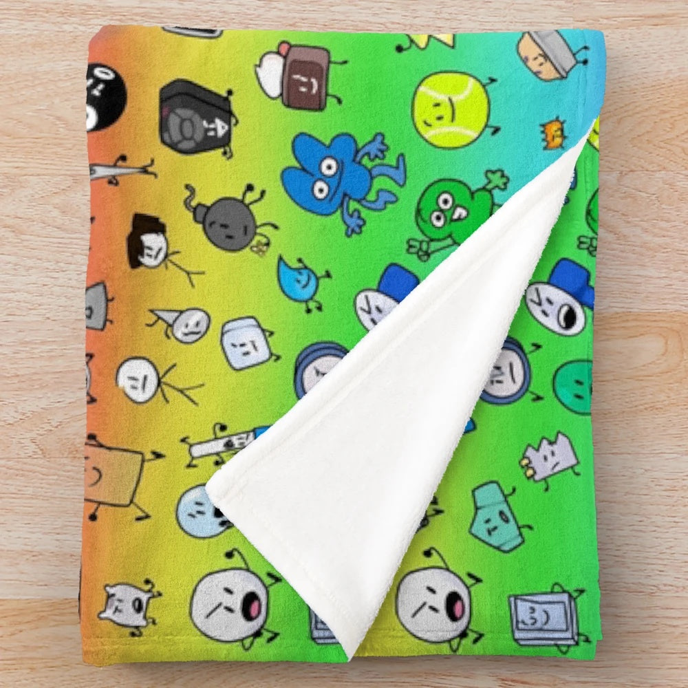 Colorful plush blanket featuring characters from the BFDI and BFB animation series