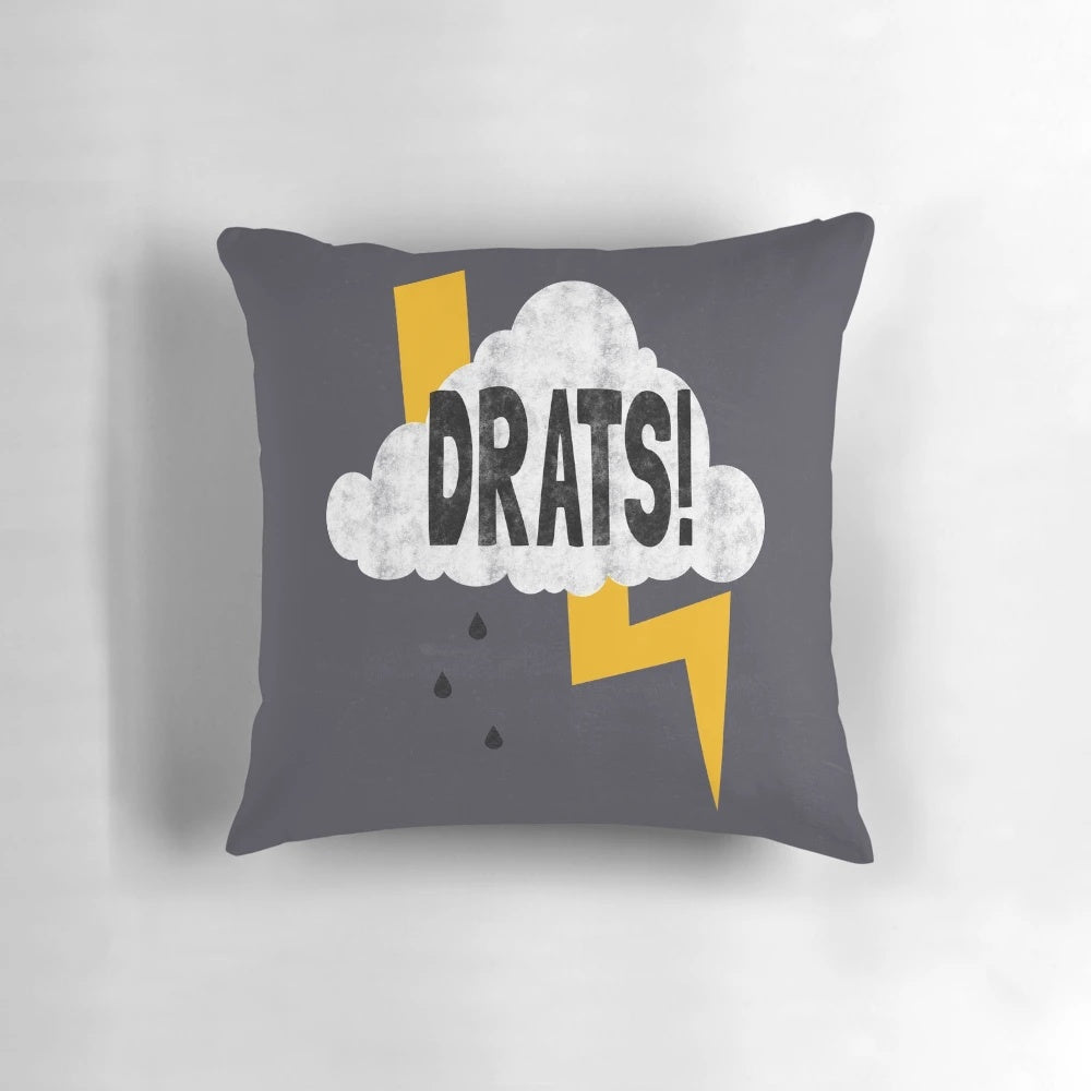 Drats!" typography throw pillow with clouds and rain design