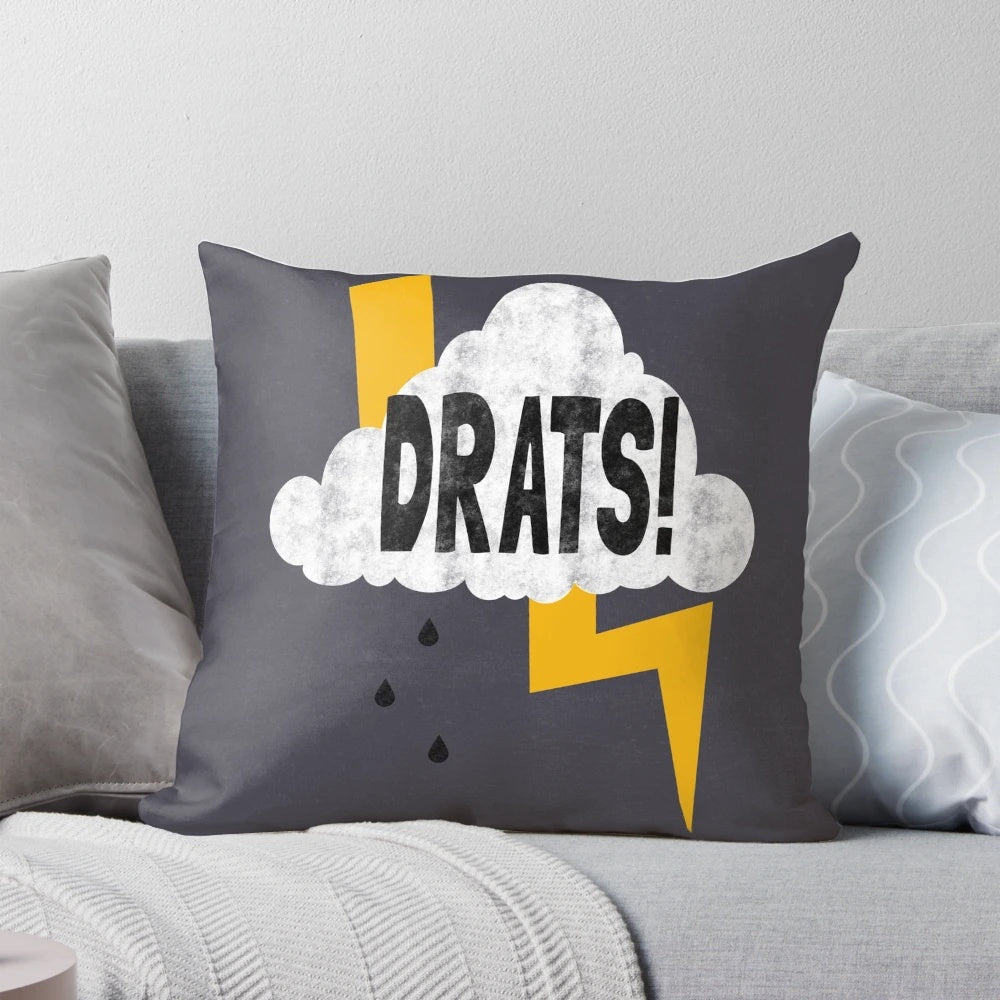 Drats!" typography throw pillow with clouds and rain design