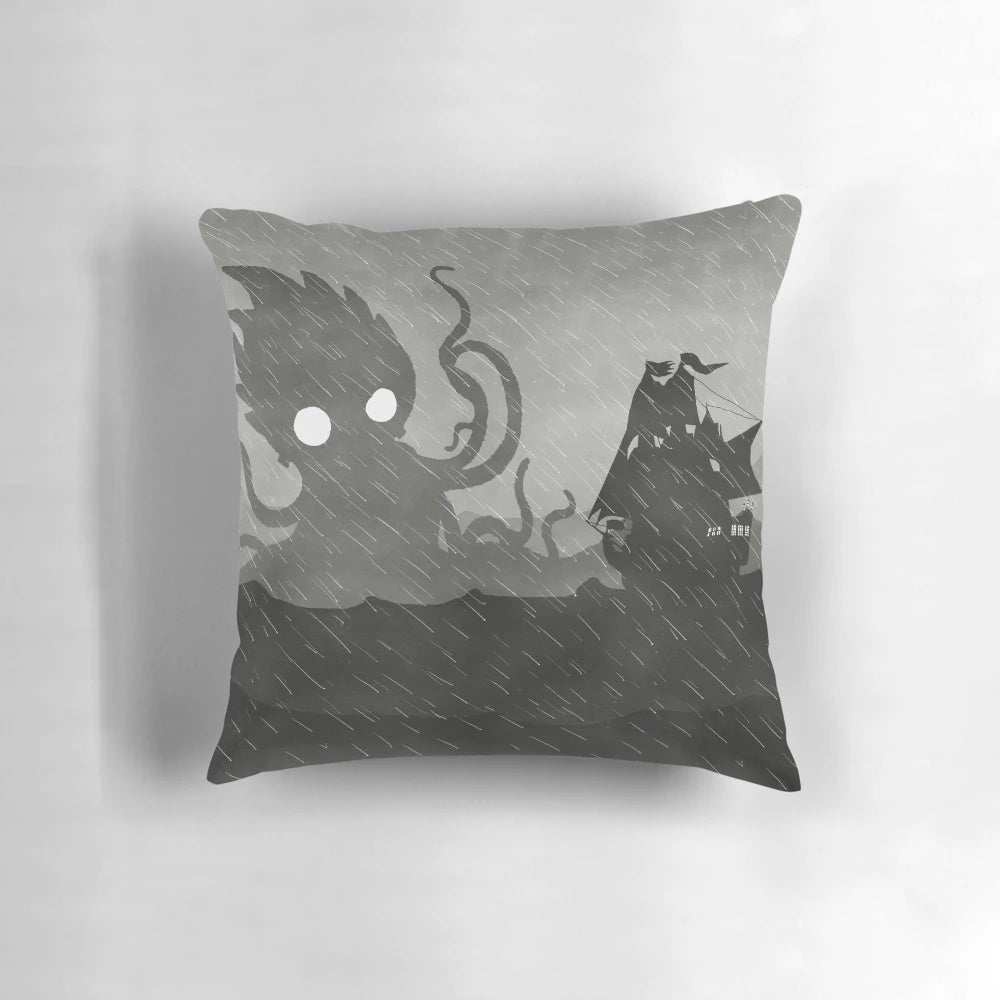 Rainy pirate ship and kraken decorative pillow for melancholy ocean-themed home decor