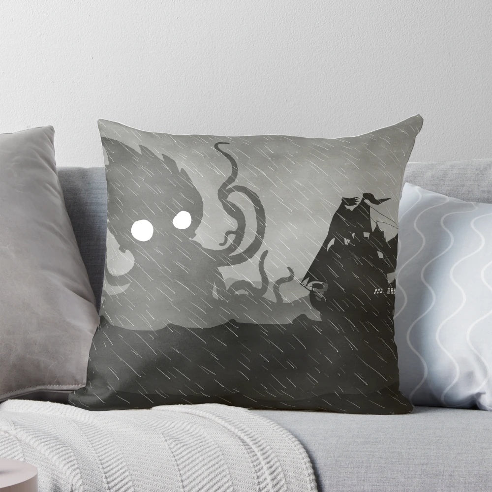 Rainy pirate ship and kraken decorative pillow for melancholy ocean-themed home decor
