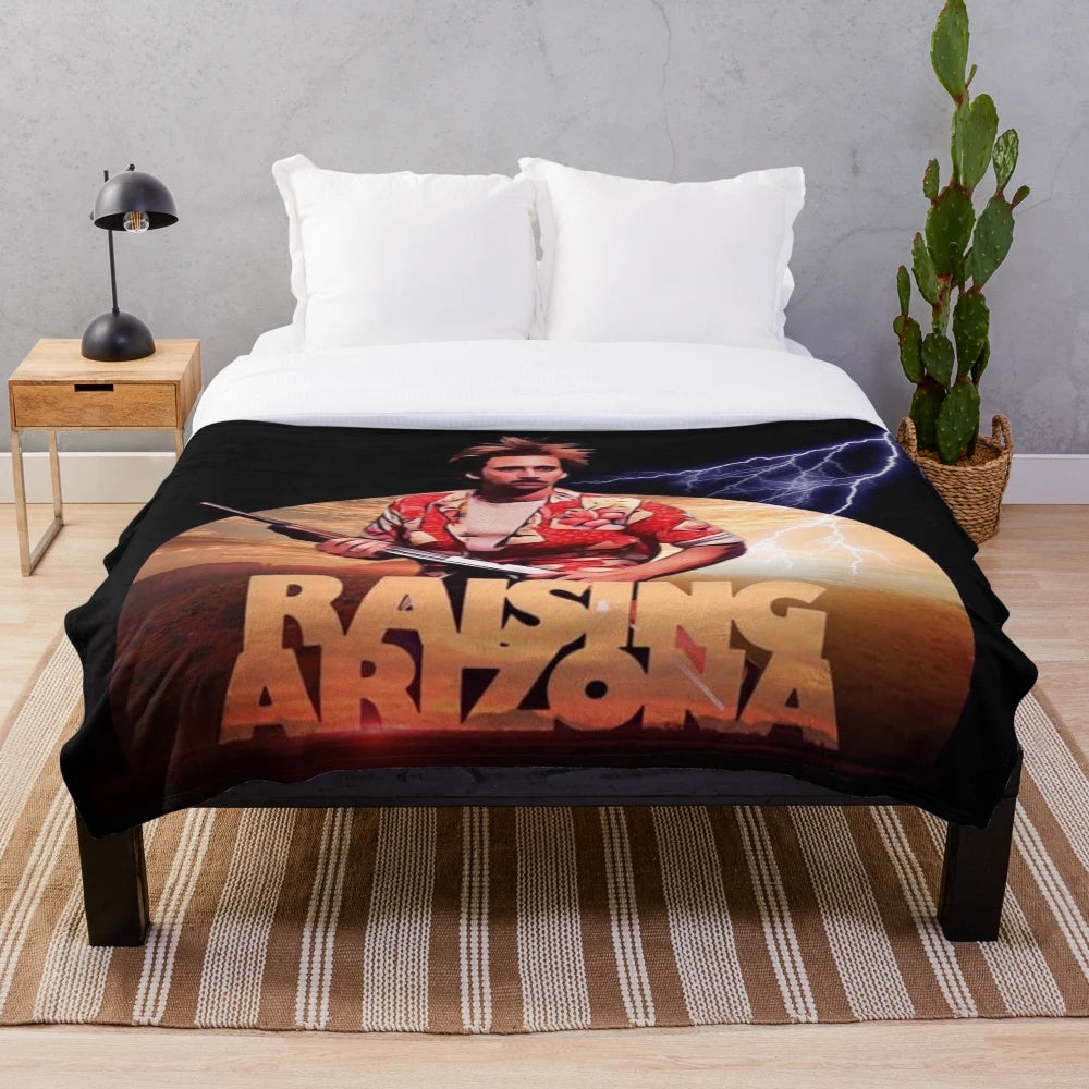 Raising Arizona inspired plush blanket featuring a graphic design of Nicholas Cage
