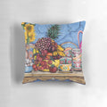 Nature-inspired decorative pillow with rambutton, eggs, and sunflower motif
