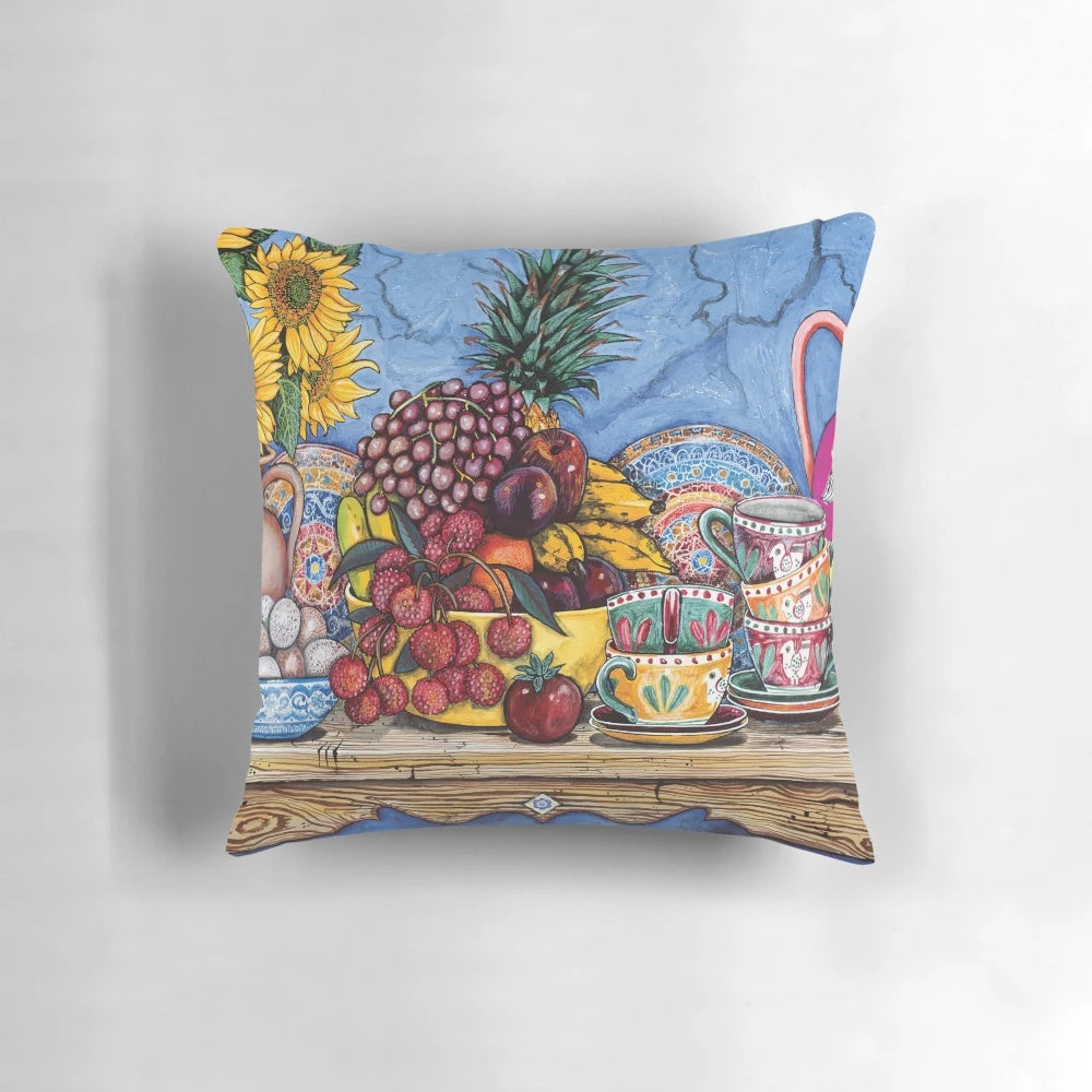 Nature-inspired decorative pillow with rambutton, eggs, and sunflower motif