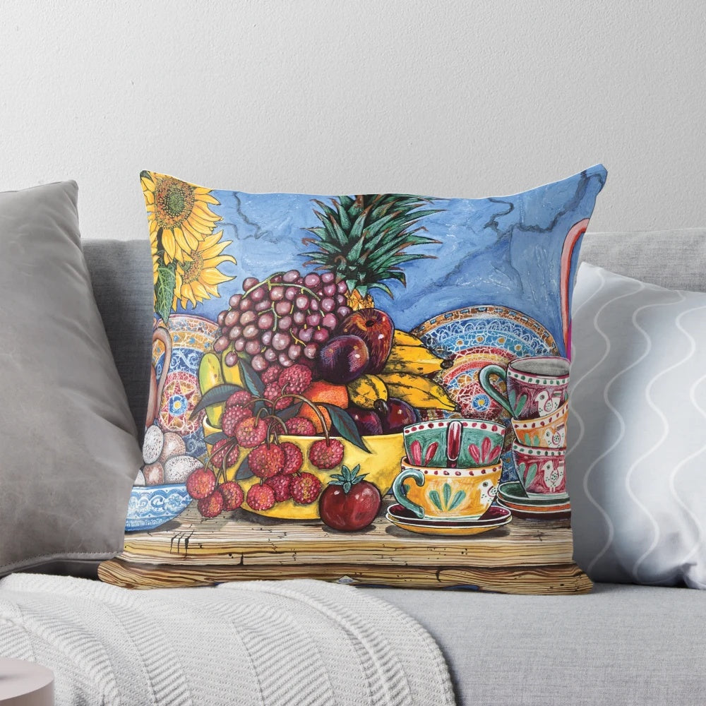 Nature-inspired decorative pillow with rambutton, eggs, and sunflower motif