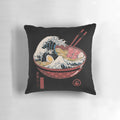 Colorful ramen bowl pillow featuring the iconic Japanese artwork "The Great Wave off Kanagawa"