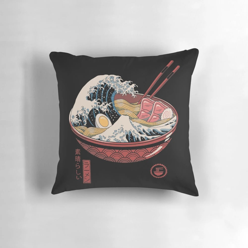 Colorful ramen bowl pillow featuring the iconic Japanese artwork "The Great Wave off Kanagawa"