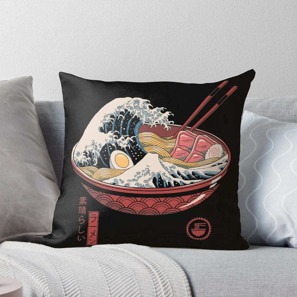 Colorful ramen bowl pillow featuring the iconic Japanese artwork "The Great Wave off Kanagawa"