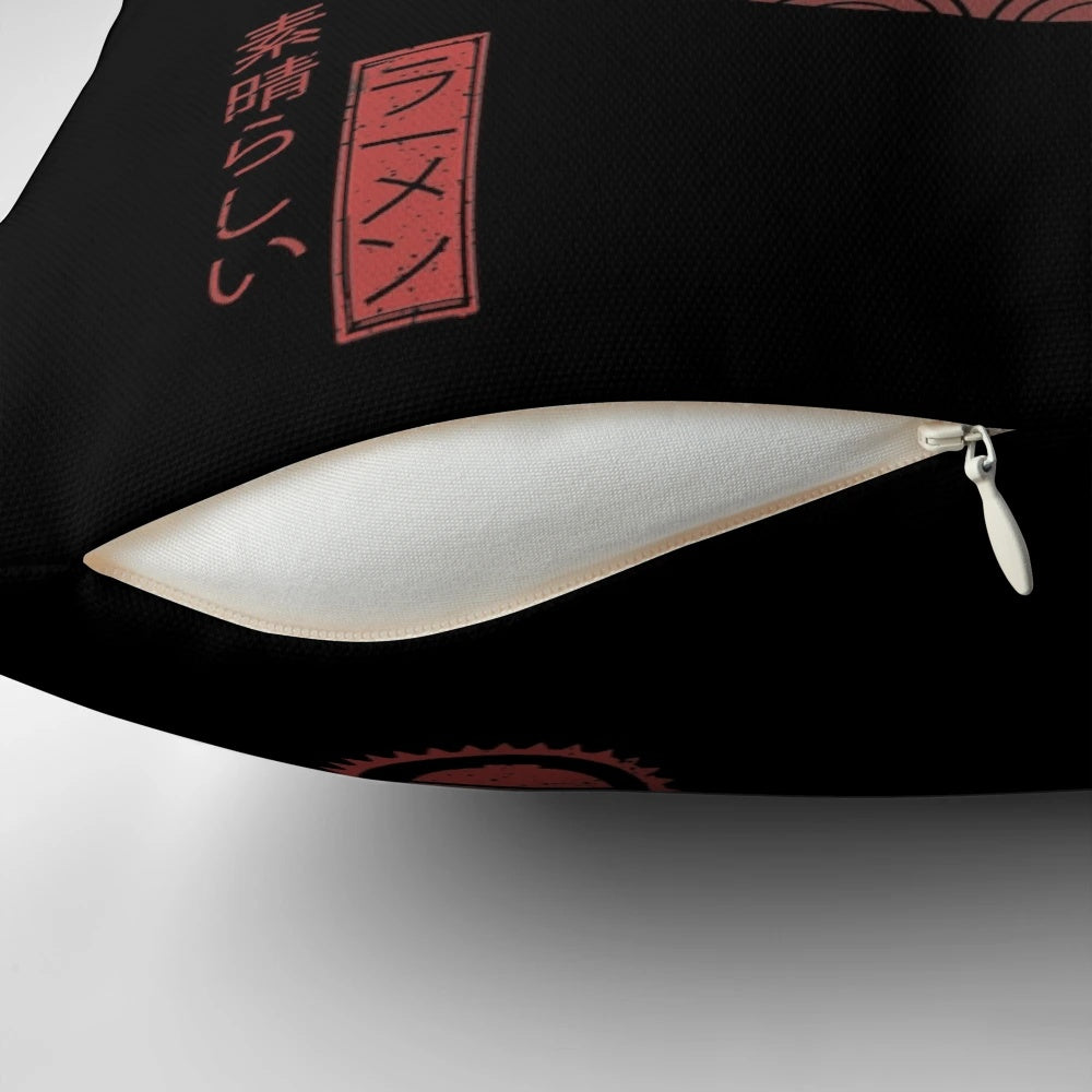 Colorful ramen bowl pillow featuring the iconic Japanese artwork "The Great Wave off Kanagawa"