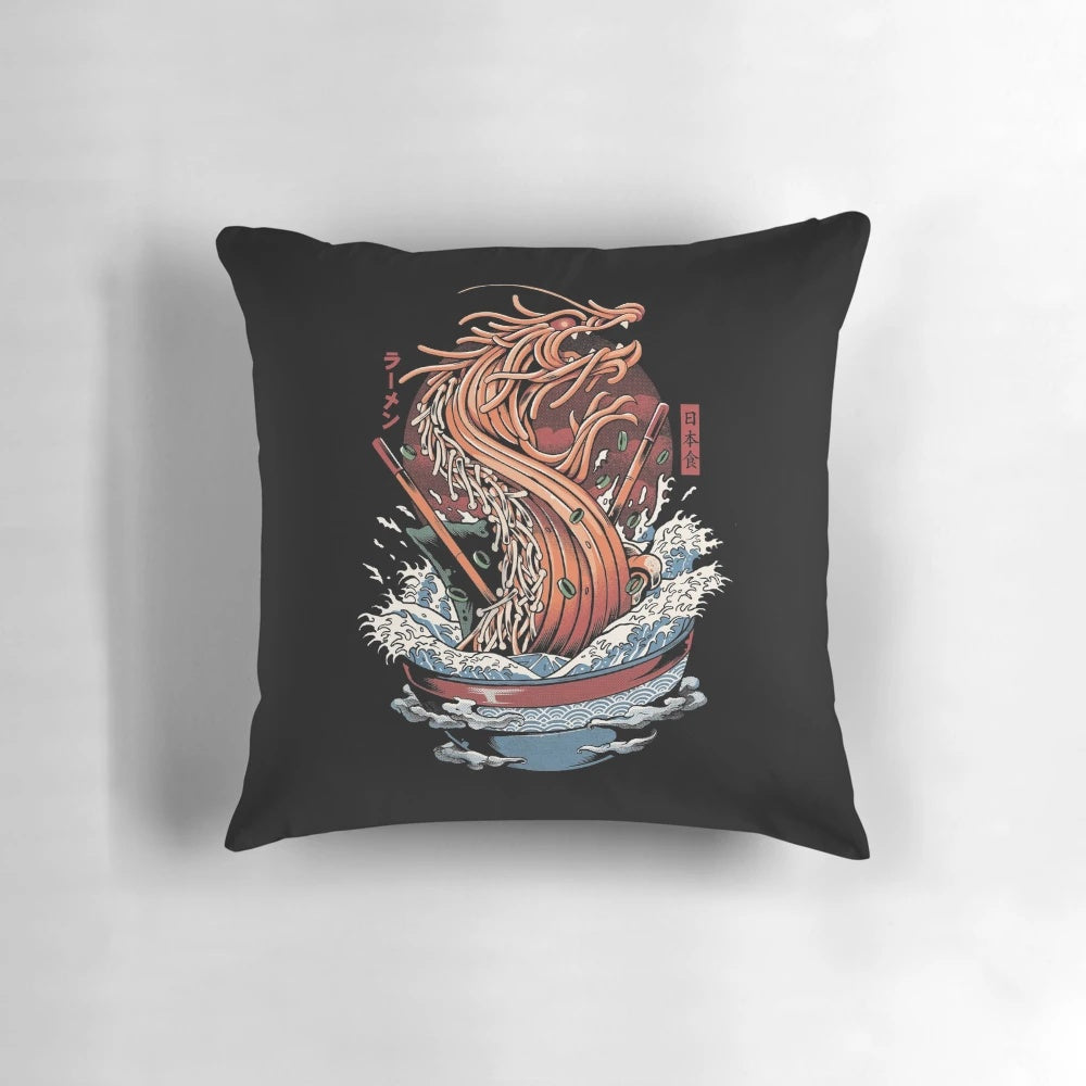 Ramen Dragon Pillow - Decorative Japanese Anime-Style Cushion with Kaiju and Great Wave Illustration