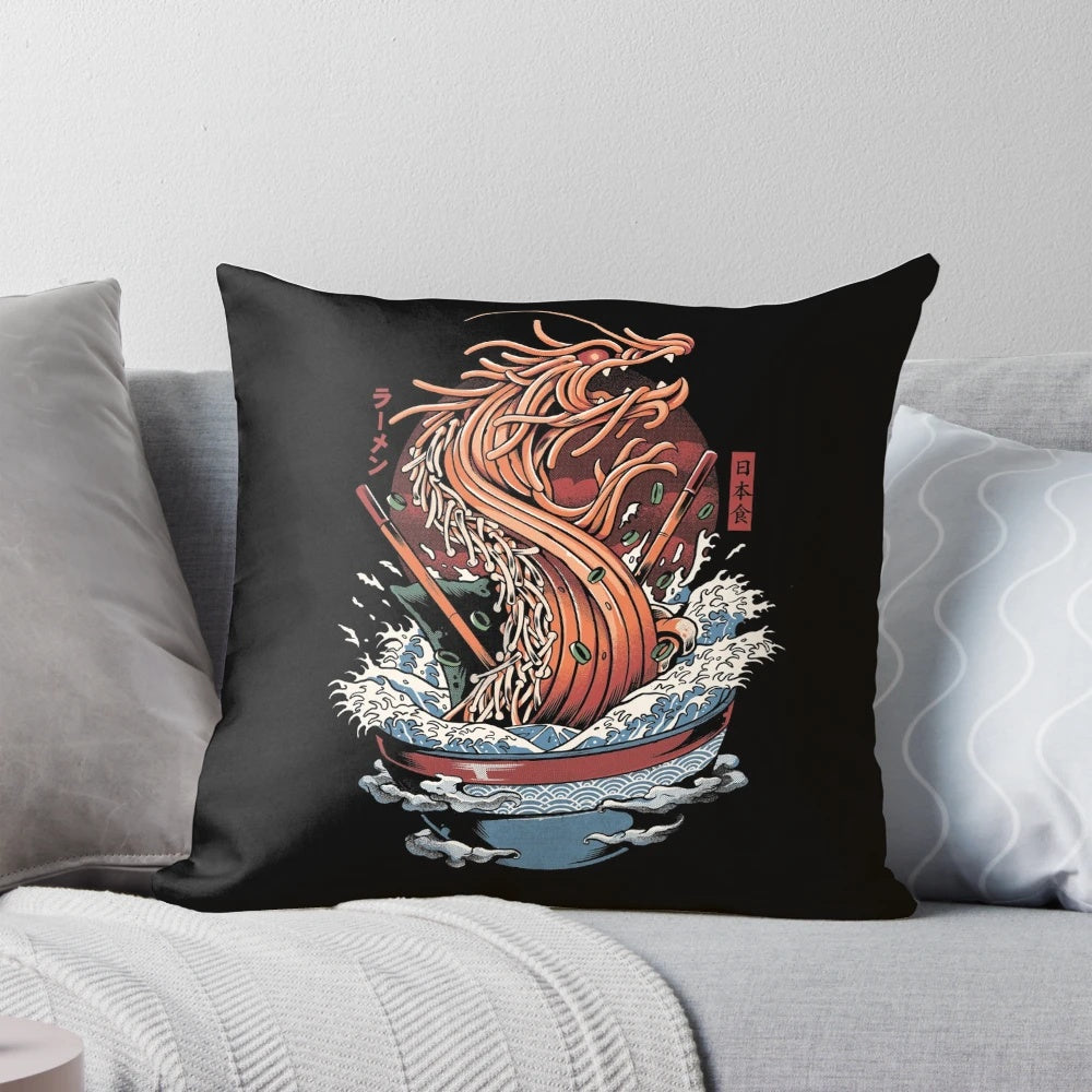 Ramen Dragon Pillow - Decorative Japanese Anime-Style Cushion with Kaiju and Great Wave Illustration