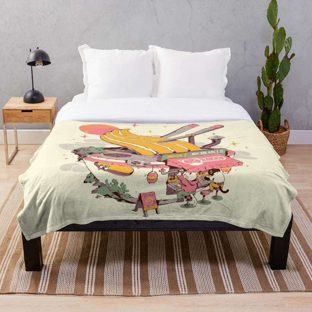 Ramen bowl inspired plush blanket with neko cat and noodle design