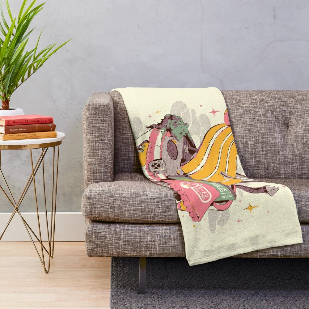 Ramen bowl inspired plush blanket with neko cat and noodle design