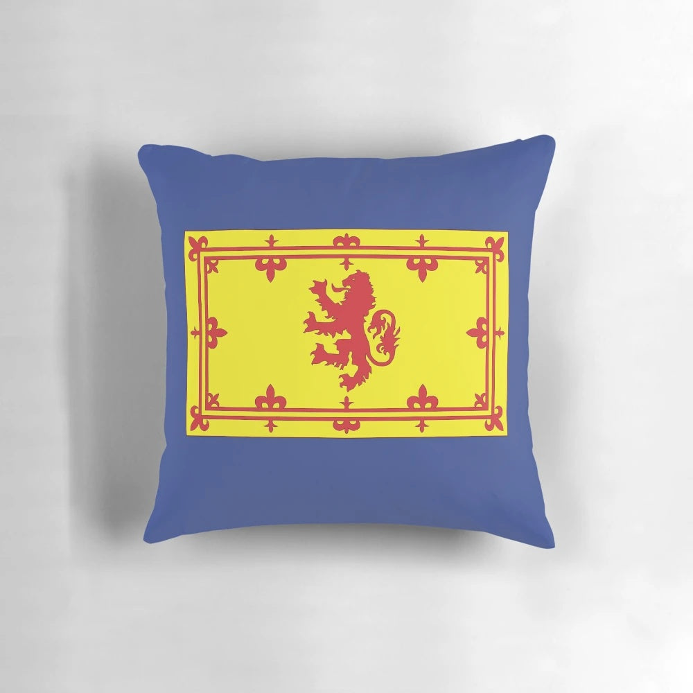 Vibrant rampant lion design on a plush pillow, celebrating Scottish pride and heritage.