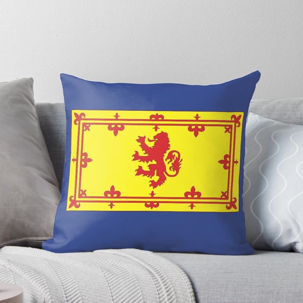 Vibrant rampant lion design on a plush pillow, celebrating Scottish pride and heritage.