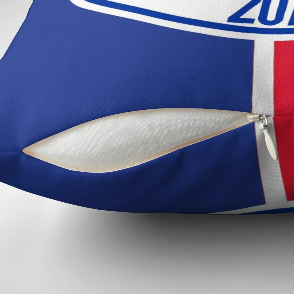 Rangers FC inspired mock badge design printed on a plush, comfortable pillow