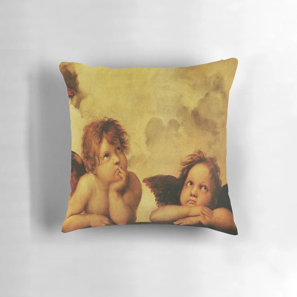Pillow featuring a design inspired by Raphael's masterpiece, the Sistine Madonna, with angels and cherubs.