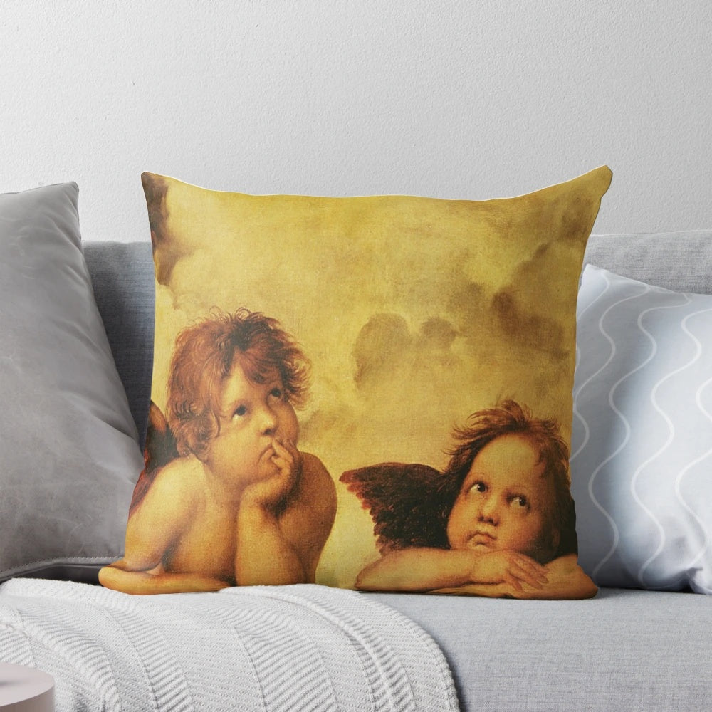 Pillow featuring a design inspired by Raphael's masterpiece, the Sistine Madonna, with angels and cherubs.