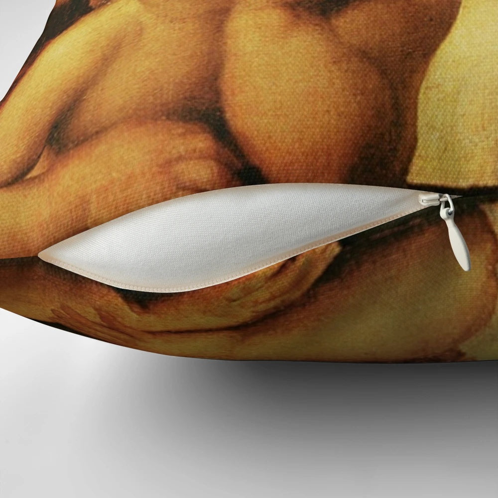 Pillow featuring a design inspired by Raphael's masterpiece, the Sistine Madonna, with angels and cherubs.