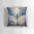 Soft, fluffy pillow with a vintage religious image of Jesus in the clouds, a symbol of the rapture and Christian faith.