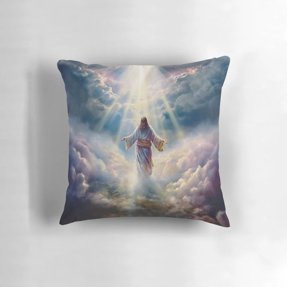 Soft, fluffy pillow with a vintage religious image of Jesus in the clouds, a symbol of the rapture and Christian faith.