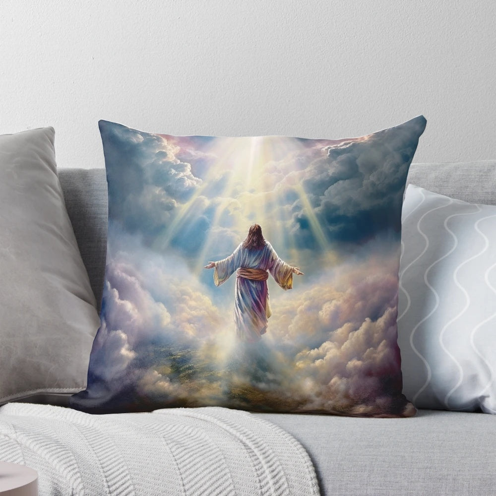 Soft, fluffy pillow with a vintage religious image of Jesus in the clouds, a symbol of the rapture and Christian faith.