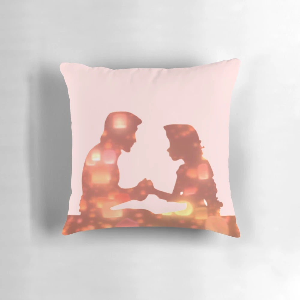 Decorative pillow featuring a floral lantern design inspired by the Disney movie Tangled and the character Rapunzel.