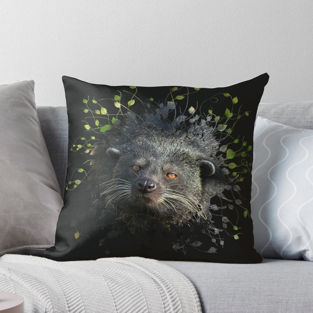 Binturong (Bearcat) peeking through the leaves on a decorative pillow