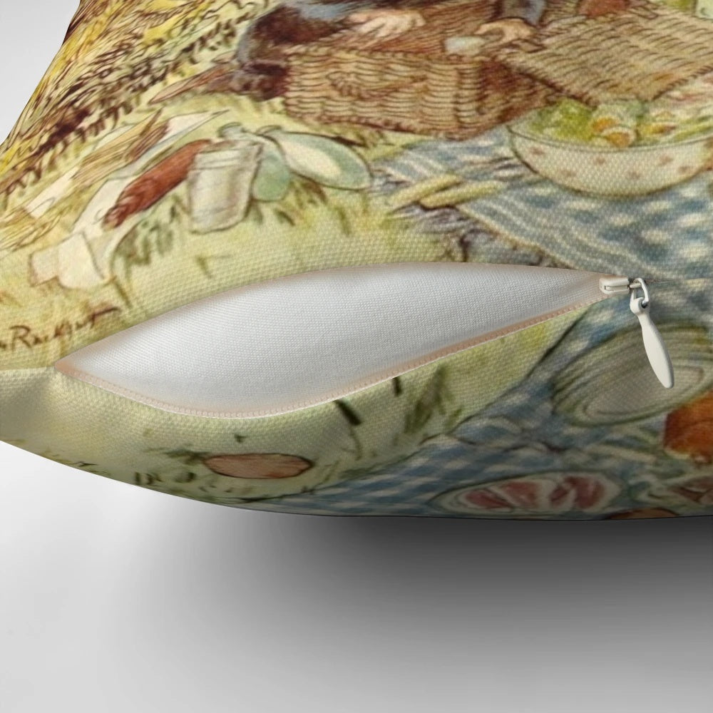 Decorative pillow featuring a classic illustration of Rat and Mole having a picnic from The Wind in the Willows by Arthur Rackham.