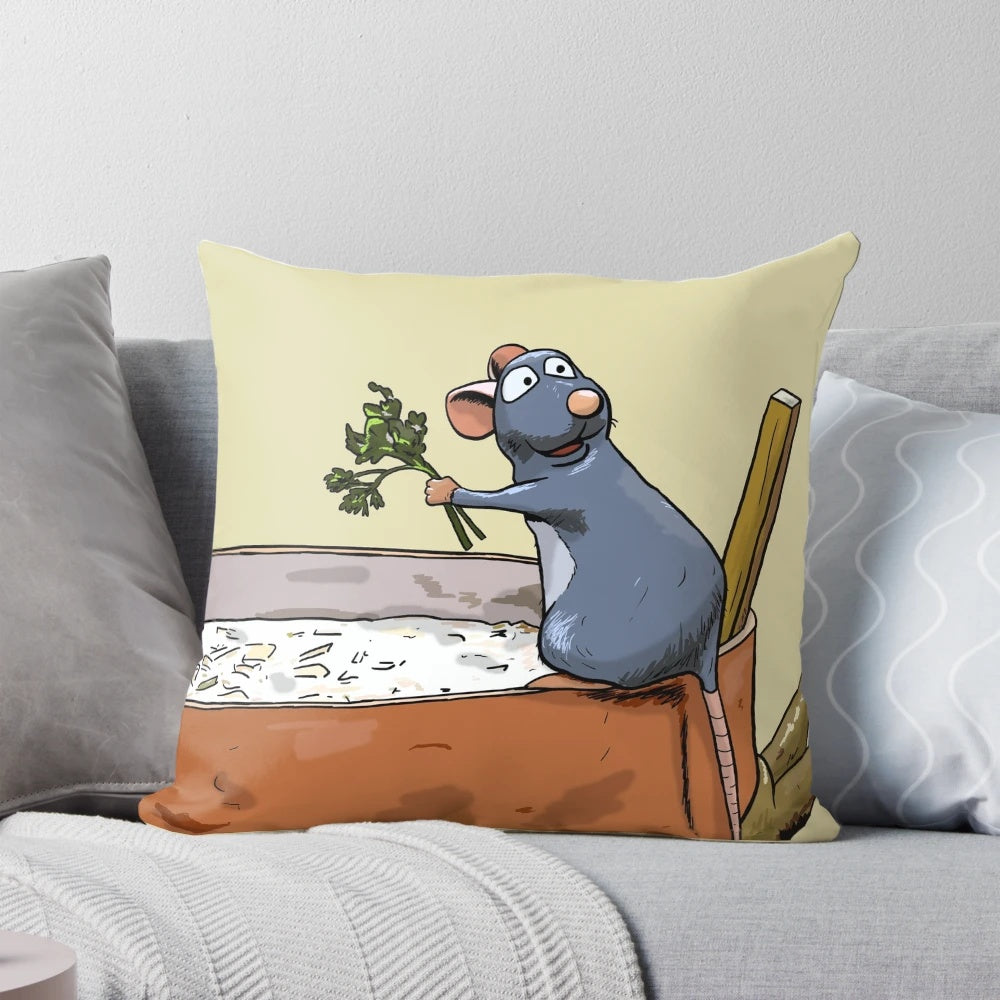Ratatouille-themed decorative pillow featuring a rat chef character