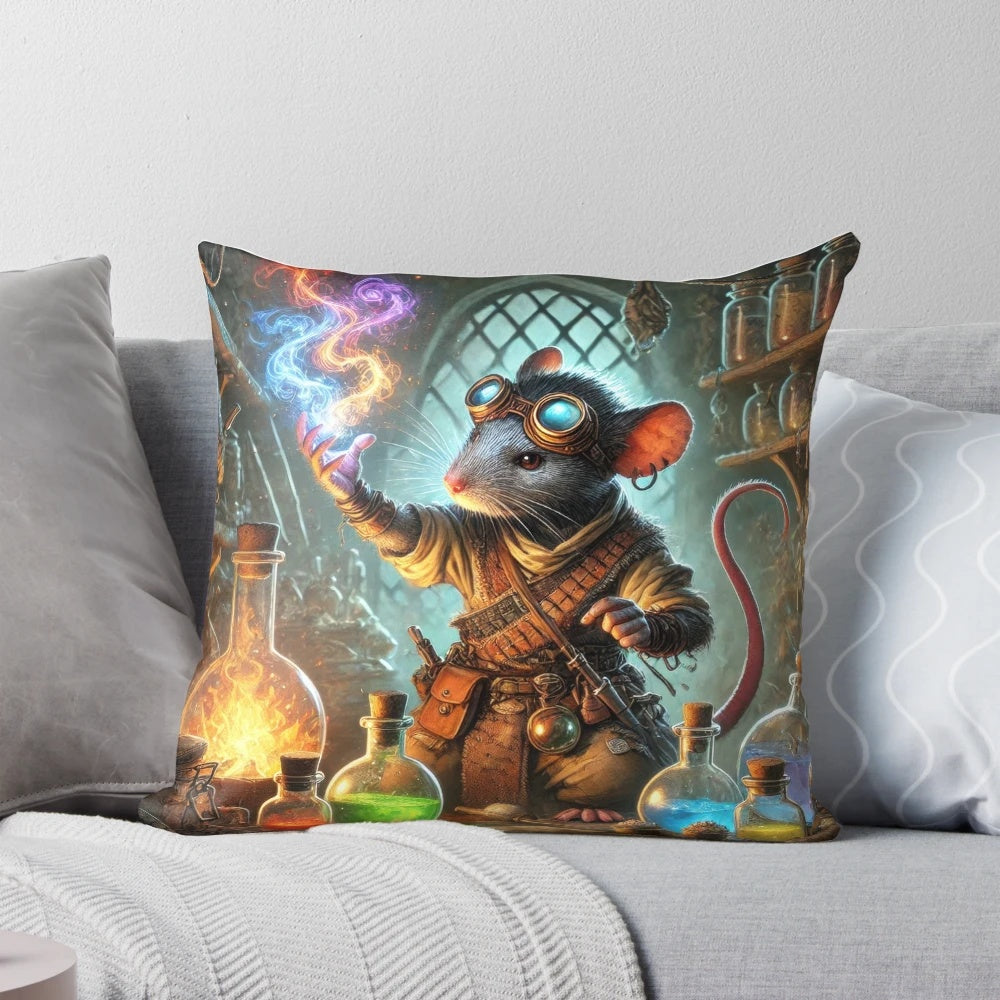 Soft, plush pillow featuring a ratfolk alchemist character, perfect for tabletop role-playing games.