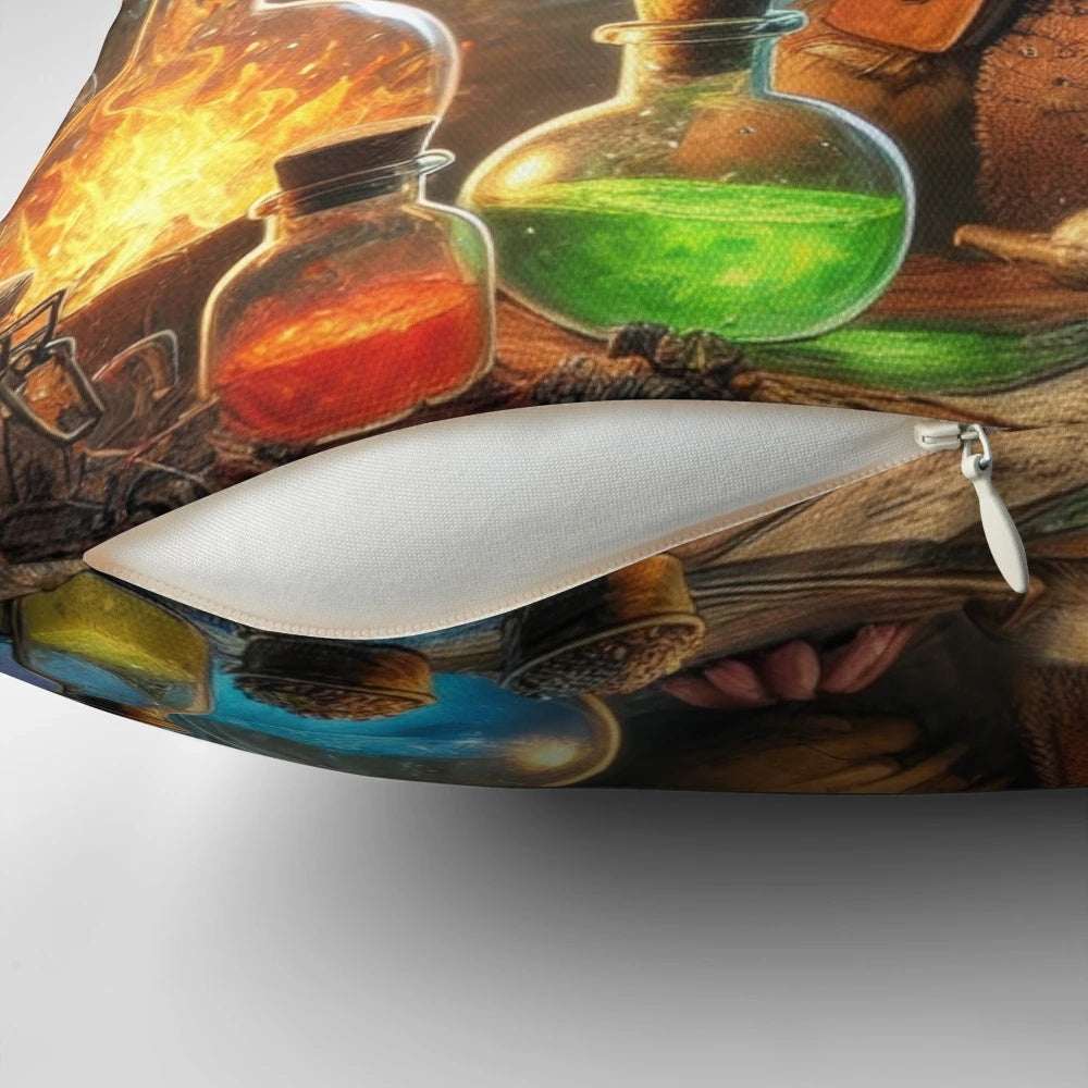 Soft, plush pillow featuring a ratfolk alchemist character, perfect for tabletop role-playing games.