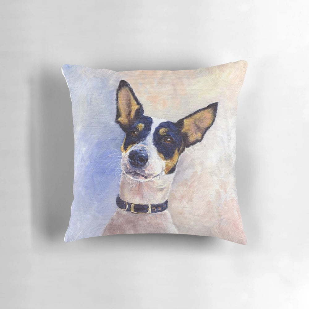 Artwork of a Ratonero Bodeguero Andaluz dog on a pillow