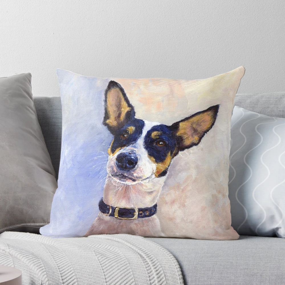 Artwork of a Ratonero Bodeguero Andaluz dog on a pillow