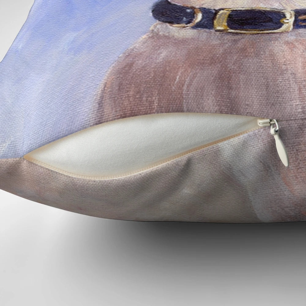 Artwork of a Ratonero Bodeguero Andaluz dog on a pillow