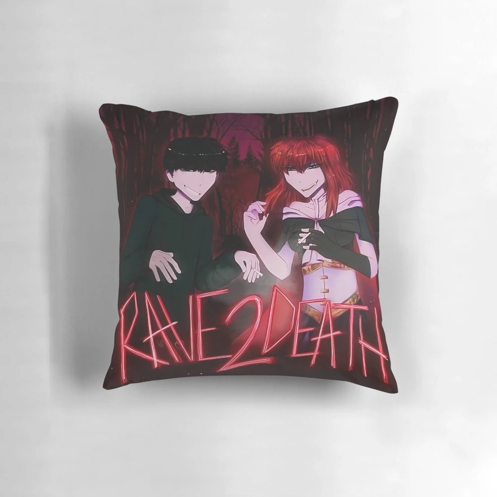 Colorful rave-inspired pillow with "Rave2Death" design, featuring the artists Kets4eki and Asteria