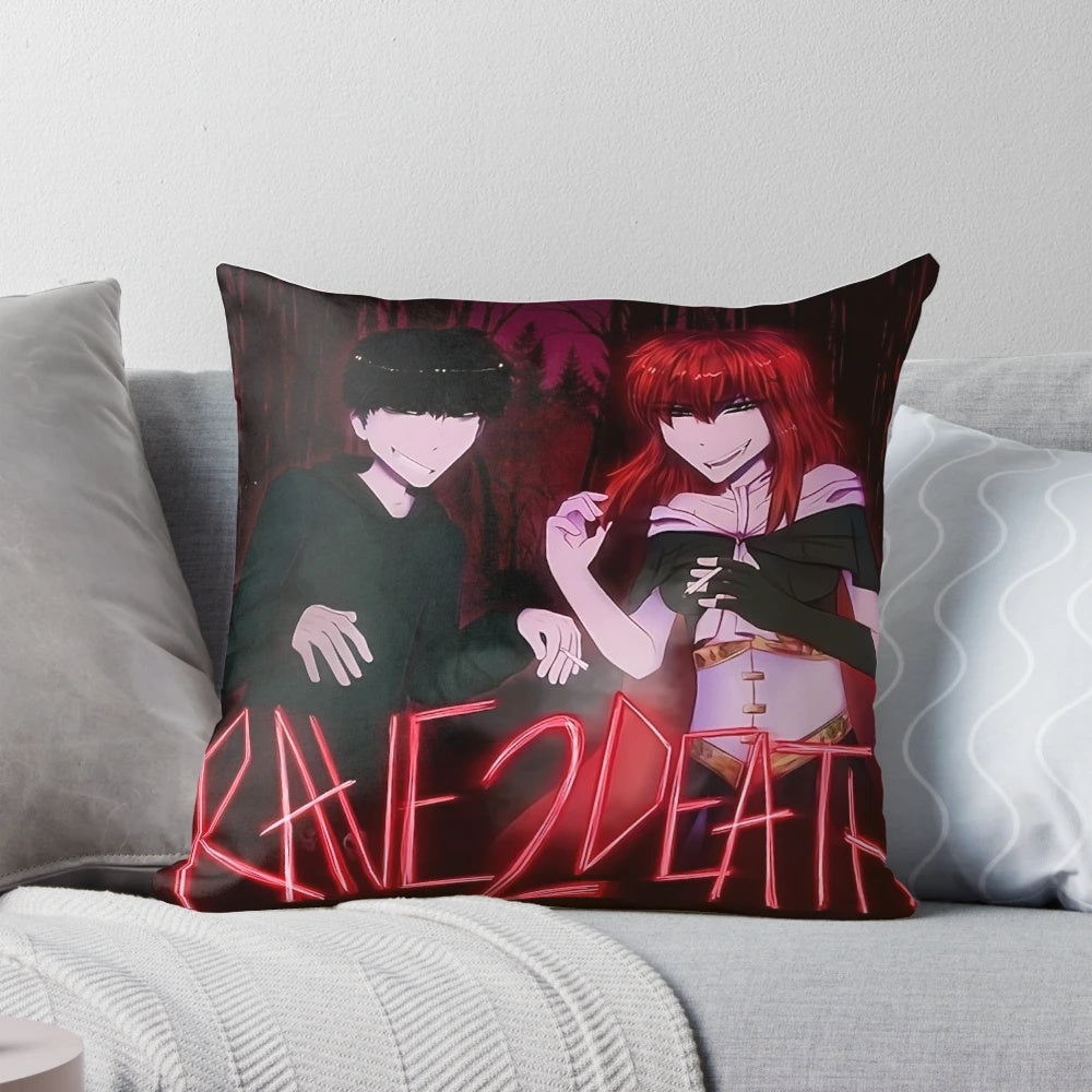 Colorful rave-inspired pillow with "Rave2Death" design, featuring the artists Kets4eki and Asteria