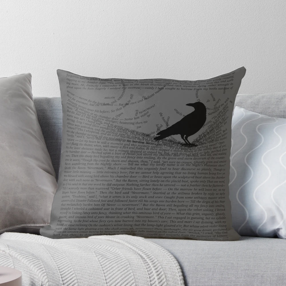 A decorative pillow with the iconic raven design and text from Edgar Allan Poe's famous poem "The Raven