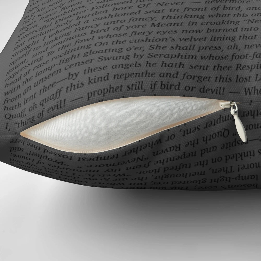 A decorative pillow with the iconic raven design and text from Edgar Allan Poe's famous poem "The Raven