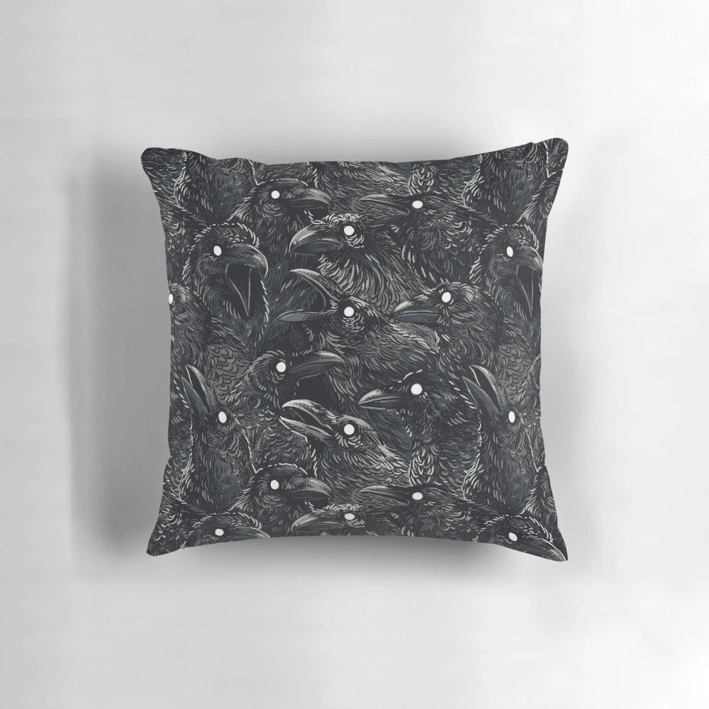 Raven pattern decorative pillow with a dark, gothic design for a spooky, supernatural home accent.