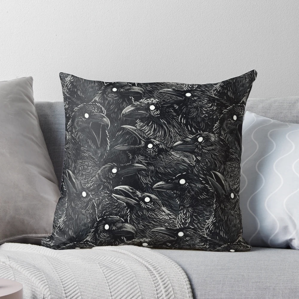 Raven pattern decorative pillow with a dark, gothic design for a spooky, supernatural home accent.