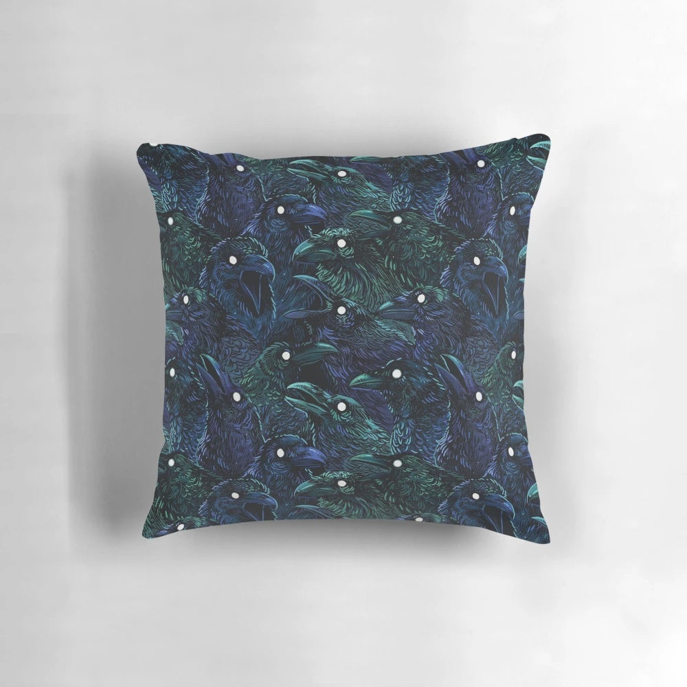 Raven pattern throw pillow with dark, spooky design