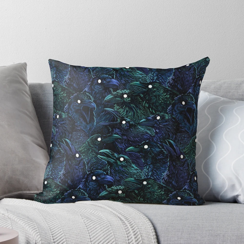 Raven pattern throw pillow with dark, spooky design